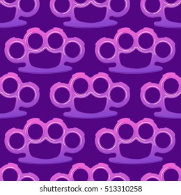 Fight like a girl. Seamless Pattern. Purple brass knuckles icon in cartoon style isolated on violet background.
