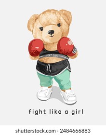 fight like a girl slogan with girly bear doll boxing athlet vector illustration