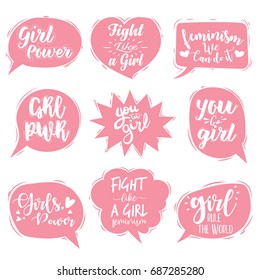 Fight Like A Girl, We Can etc hand lettering prints set. Vector calligraphic collection of feminist movement in speech bubbles.