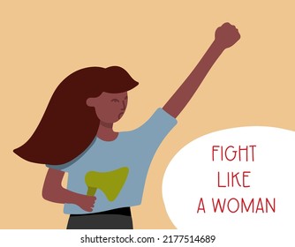 Fight like a woman concept. Young girl activist holding a protesting banner. Flat vector illustration