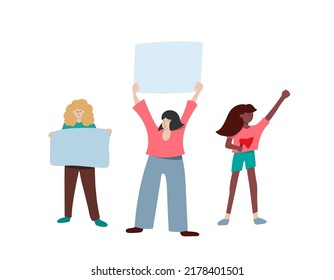 Fight like a woman concept. Young girls activists holding a protesting banners and megaphone. 