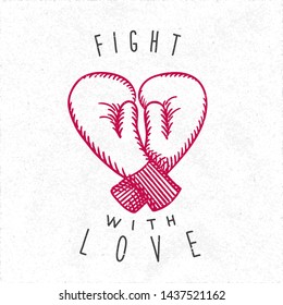Fight with Love Colored Doodle Style Logo Lettering with Heart Shape Sketch Style Inverted Boxing Gloves Creative Concept - Blue and Red on Black Rough Paper Background - Vector Hand Drawn Design