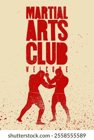 Fight Martial Arts club typographical vintage grunge style poster design with two boxers silhouettes. Retro vector illustration.