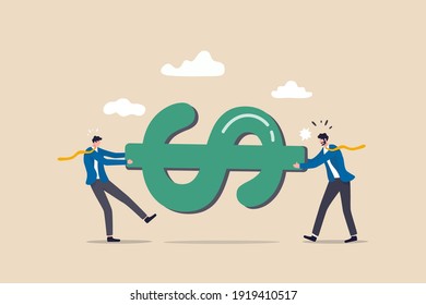 Fight for money, tug of war, business competition fight for market share or work conflict concept, greedy businessmen company owner or worker pulling tug of war money dollar sign with full effort.