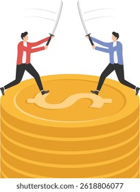 Fight for money, tug of war, business competition fight for market share or work conflict concept, greedy businessmen company owner or worker pulling tug of war money dollar sign with full effort.


