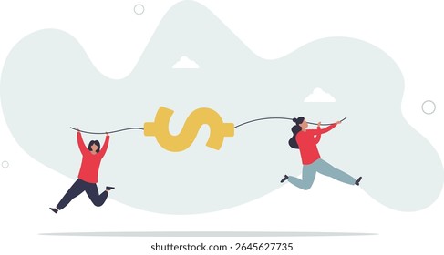 Fight for money, tug of war, business competition fight for market share or work conflict concept. character life .