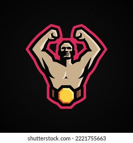 Fight muscular boxer. Vector image. Martial Arts. MMA fighter. Winner icon. Champion's Belt. Modern masculine logo for sports team and figures of gladiators.