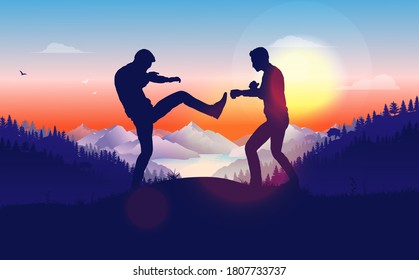 Fight in nature - Two casual young men fighting on a hill with forest, sunrise and mountains in background. Battle, rivalry and aggression concept. Vector illustration.