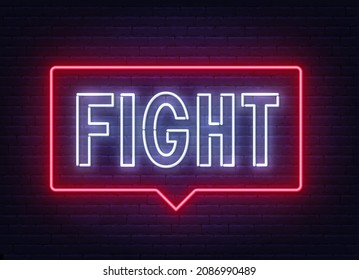 Fight neon lettering on brick wall background.