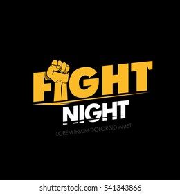 Fight night. Modern professional fighting poster template logo design with fist. Isolated fight logotype vector illustration.