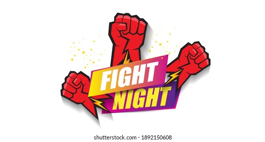 Fight night vector modern horizontal banner or poster with text and strong fist. mma, wrestling or fight club emblem design template. fight label isolated on white background