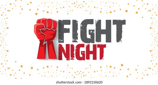 Fight night vector modern horizontal banner or poster with text and strong fist. mma, wrestling or fight club emblem design template. fight label isolated on white background