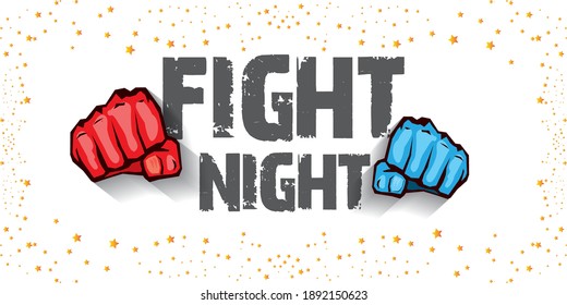 Fight night vector modern horizontal banner or poster with text and strong fist. mma, wrestling or fight club emblem design template. fight label isolated on white background