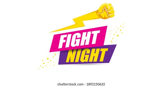 Fight night vector modern horizontal banner or poster with text and strong fist. mma, wrestling or fight club emblem design template. fight label isolated on white background