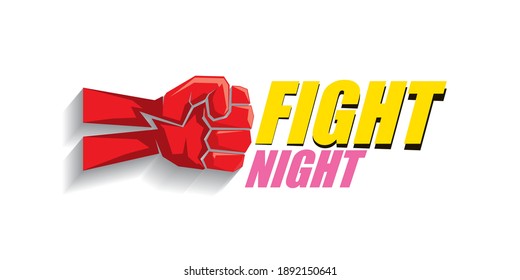 Fight night vector modern horizontal banner or poster with text and strong fist. mma, wrestling or fight club emblem design template. fight label isolated on white background