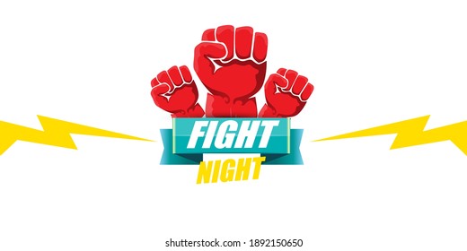 Fight night vector modern horizontal banner or poster with text and strong fist. mma, wrestling or fight club emblem design template. fight label isolated on white background