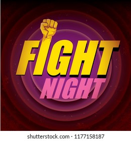Fight night vector modern poster with text and strong fist. mma, wrestling or fight club emblem design template. fight label isolated on violet background