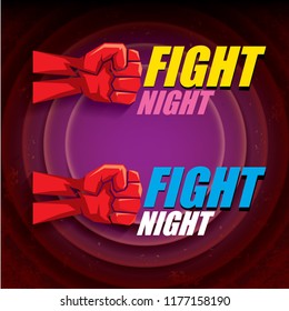 Fight night vector modern poster with text and strong fist. mma, wrestling or fight club emblem design template. fight label isolated on violet background
