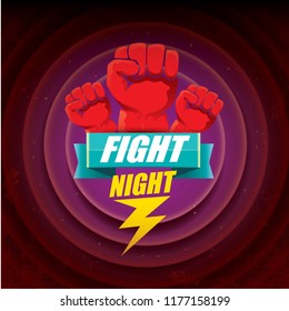 Fight night vector modern poster with text and strong fist. mma, wrestling or fight club emblem design template. fight label isolated on violet background