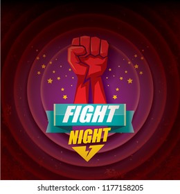 Fight night vector modern poster with text and strong fist. mma, wrestling or fight club emblem design template. fight label isolated on violet background