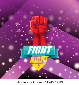 Fight night vector modern poster with text and strong fist. mma, wrestling or fight club emblem design template. fight label isolated on violet background with blur and lights