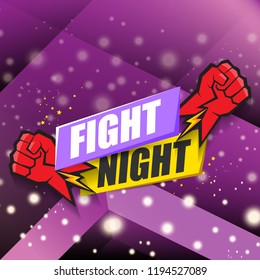 Fight night vector modern poster with text and strong fist. mma, wrestling or fight club emblem design template. fight label isolated on violet background with blur and lights