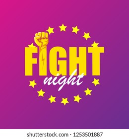 Fight night vector modern poster with text and strong fist. mma, wrestling or fight club emblem design template. fight label isolated on ultra violet background