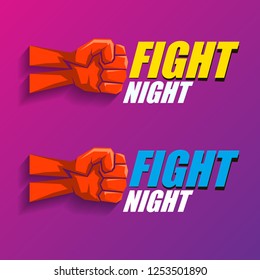 Fight night vector modern poster with text and strong fist. mma, wrestling or fight club emblem design template. fight label isolated on ultra violet background