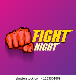 Fight night vector modern poster with text and strong fist. mma, wrestling or fight club emblem design template. fight label isolated on ultra violet background