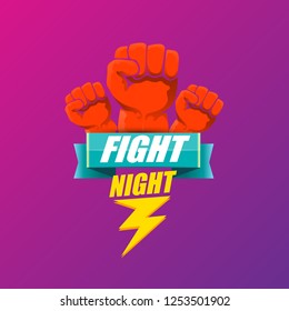 Fight night vector modern poster with text and strong fist. mma, wrestling or fight club emblem design template. fight label isolated on ultra violet background