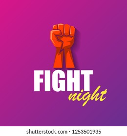 Fight night vector modern poster with text and strong fist. mma, wrestling or fight club emblem design template. fight label isolated on ultra violet background