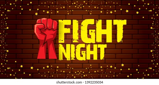 Fight night vector modern poster with text and strong fist. mma, wrestling or fight club emblem design template. fight label isolated on horizontal brick wall banner background