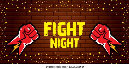 Fight night vector modern poster with text and strong fist. mma, wrestling or fight club emblem design template. fight label isolated on horizontal brick wall banner background