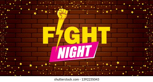 Fight night vector modern poster with text and strong fist. mma, wrestling or fight club emblem design template. fight label isolated on horizontal brick wall banner background