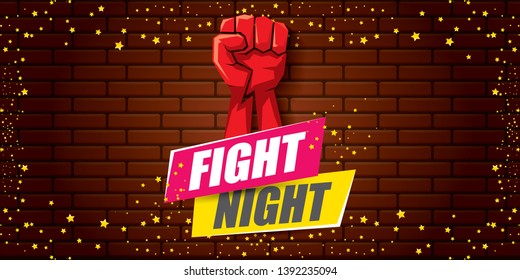 Fight night vector modern poster with text and strong fist. mma, wrestling or fight club emblem design template. fight label isolated on horizontal brick wall banner background