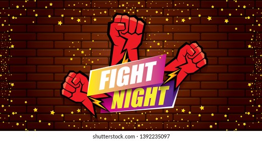 Fight night vector modern poster with text and strong fist. mma, wrestling or fight club emblem design template. fight label isolated on horizontal brick wall banner background