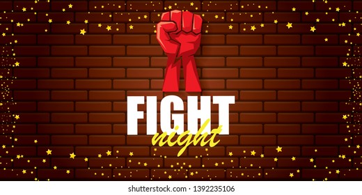 Fight night vector modern poster with text and strong fist. mma, wrestling or fight club emblem design template. fight label isolated on horizontal brick wall banner background