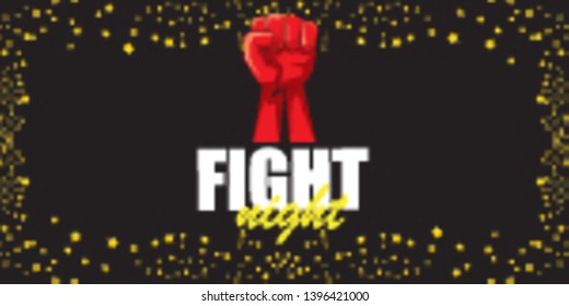 Fight night vector modern poster with text and strong fist. mma, wrestling or fight club emblem design template. fight label isolated on horizontal black sky with stars banner background 