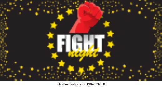 Fight night vector modern poster with text and strong fist. mma, wrestling or fight club emblem design template. fight label isolated on horizontal black sky with stars banner background 