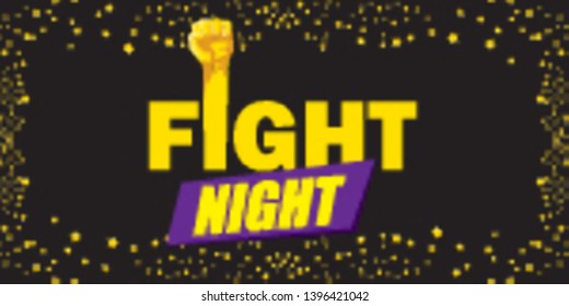 Fight night vector modern poster with text and strong fist. mma, wrestling or fight club emblem design template. fight label isolated on horizontal black sky with stars banner background 