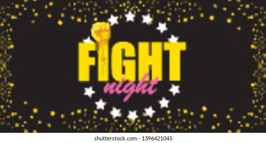 Fight night vector modern poster with text and strong fist. mma, wrestling or fight club emblem design template. fight label isolated on horizontal black sky with stars banner background 