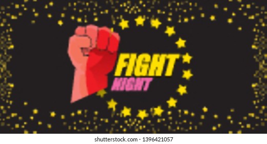 Fight night vector modern poster with text and strong fist. mma, wrestling or fight club emblem design template. fight label isolated on horizontal black sky with stars banner background 