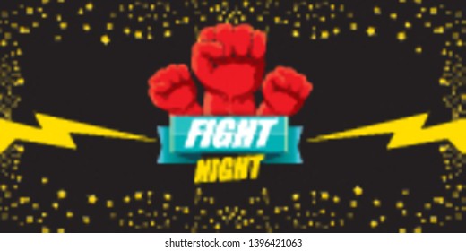 Fight night vector modern poster with text and strong fist. mma, wrestling or fight club emblem design template. fight label isolated on horizontal black sky with stars banner background 