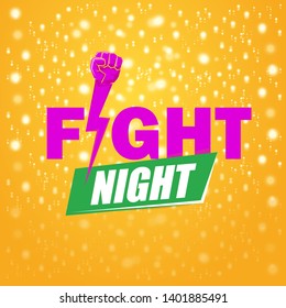 Fight night vector modern poster with text and strong fist. mma, wrestling or fight club emblem design template. fight label isolated on orange background with stars and lights 