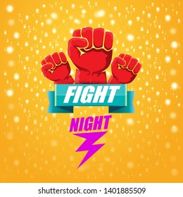 Fight night vector modern poster with text and strong fist. mma, wrestling or fight club emblem design template. fight label isolated on orange background with stars and lights 