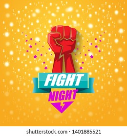 Fight night vector modern poster with text and strong fist. mma, wrestling or fight club emblem design template. fight label isolated on orange background with stars and lights 