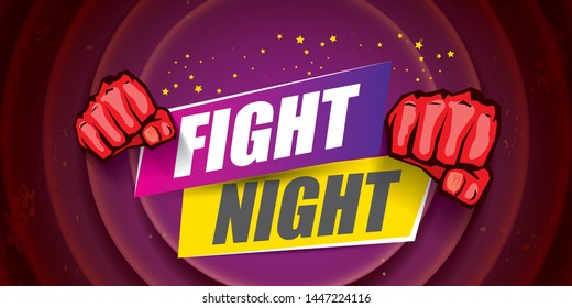 Fight night vector modern poster with text and strong fist. mma, wrestling or fight club emblem design template. fight label isolated on on violet background 