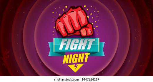 Fight night vector modern poster with text and strong fist. mma, wrestling or fight club emblem design template. fight label isolated on on violet background 