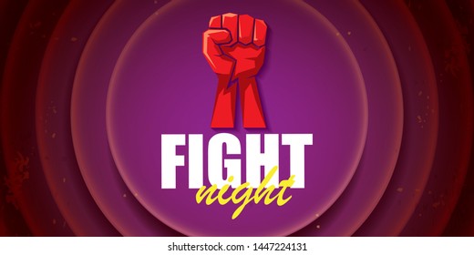 Fight night vector modern poster with text and strong fist. mma, wrestling or fight club emblem design template. fight label isolated on on violet background 