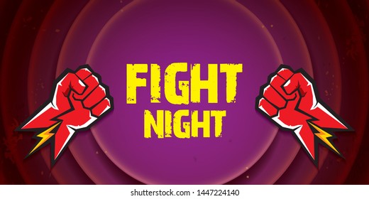 Fight night vector modern poster with text and strong fist. mma, wrestling or fight club emblem design template. fight label isolated on on violet background 